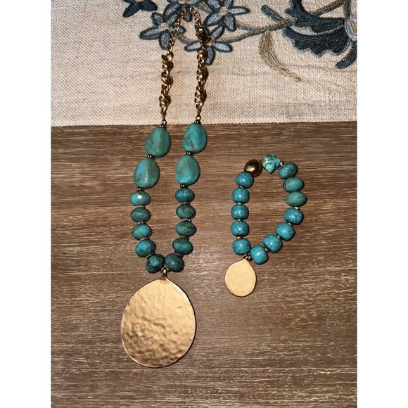 Chico's Turquoise Necklace Bracelet Set Gold Tone Pendant Boho Jewelry - Picture 1 of 8